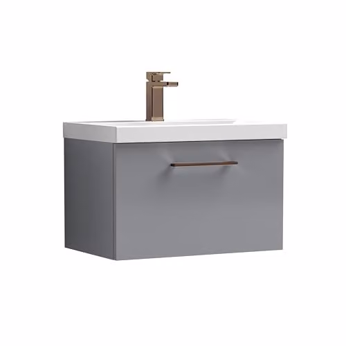 Balterley Wall Hung Grey Vanity Unit with Basin and Single Soft Close Drawer featuring Brushed Bronze D Shape Handle W/D/H: 61.0 x 39.0 x 39.9 cm – 1