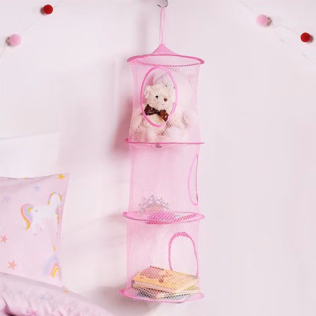 OHS 3 Tier Hanging Mesh Toy Storage Net for Children in Pink