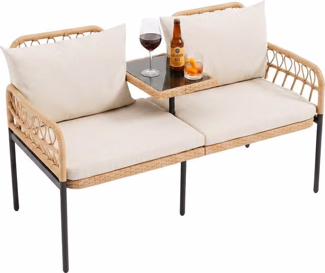 Costway Beige Polyrattan Jack and Jill Garden Set with 2-Seater Sofa, Coffee Table and Upholstered Cushions