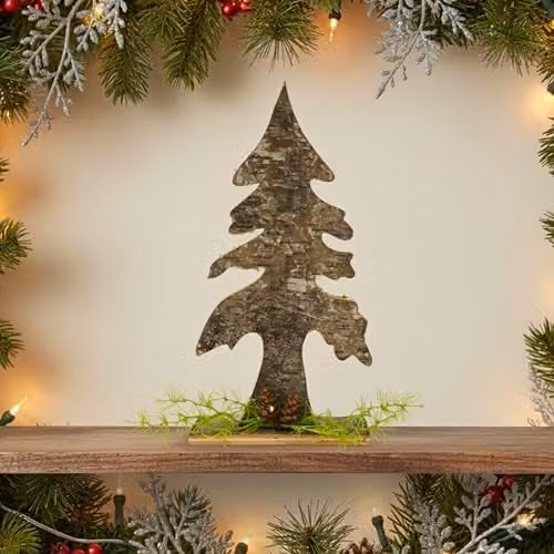 SHATCHI Rustic Birch Bark Wooden Christmas Tree Decoration in White and Beige, Height: 30 cm – 2