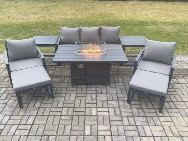 Fimous Aluminium Outdoor Garden Furniture Set in Dark Grey with Gas Fire Pit Dining Table, Lounge Sofa, 2 Side Tables and 2 Footstools