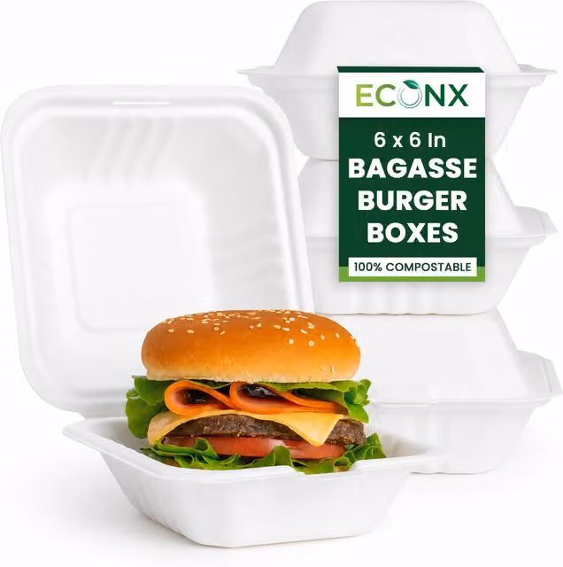 ECONX White Clamshell Bagasse Burger Boxes, 15.24 cm x 15.24 cm, Pack of 200