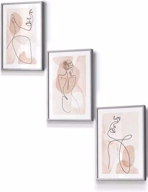 ARTZE Set of 3 Boho Abstract Female Line Art Wall Illustrations in Light Grey and Coral Pink, W: 33 cm, H: 45 cm, D: 0.2 cm