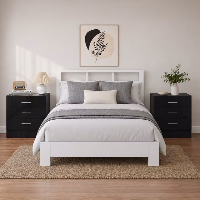 REFLECT 3 Drawer Bedside Tables Set of 2 in Black High Gloss and Black Oak Matt Finish