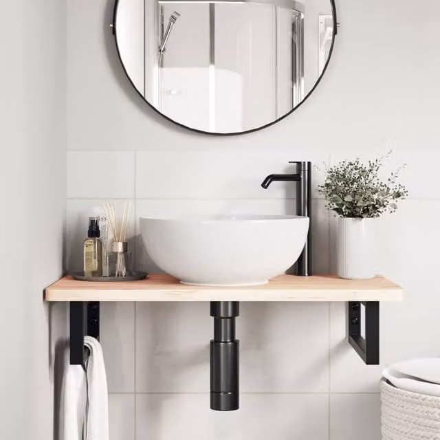 Berkfield Home Elegant Wall Mounted Basin Shelf in Light Brown Beech Wood and Steel, W/D/H: 40 x 40 x 40 cm – 1