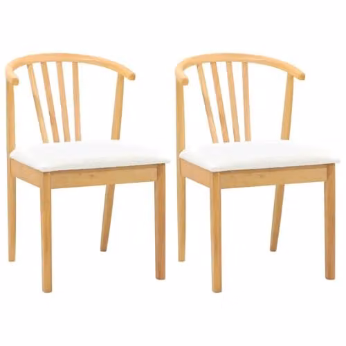 vidaXL Set of 2 Dining Chairs in White Fabric and Natural Rubberwood with Armrests