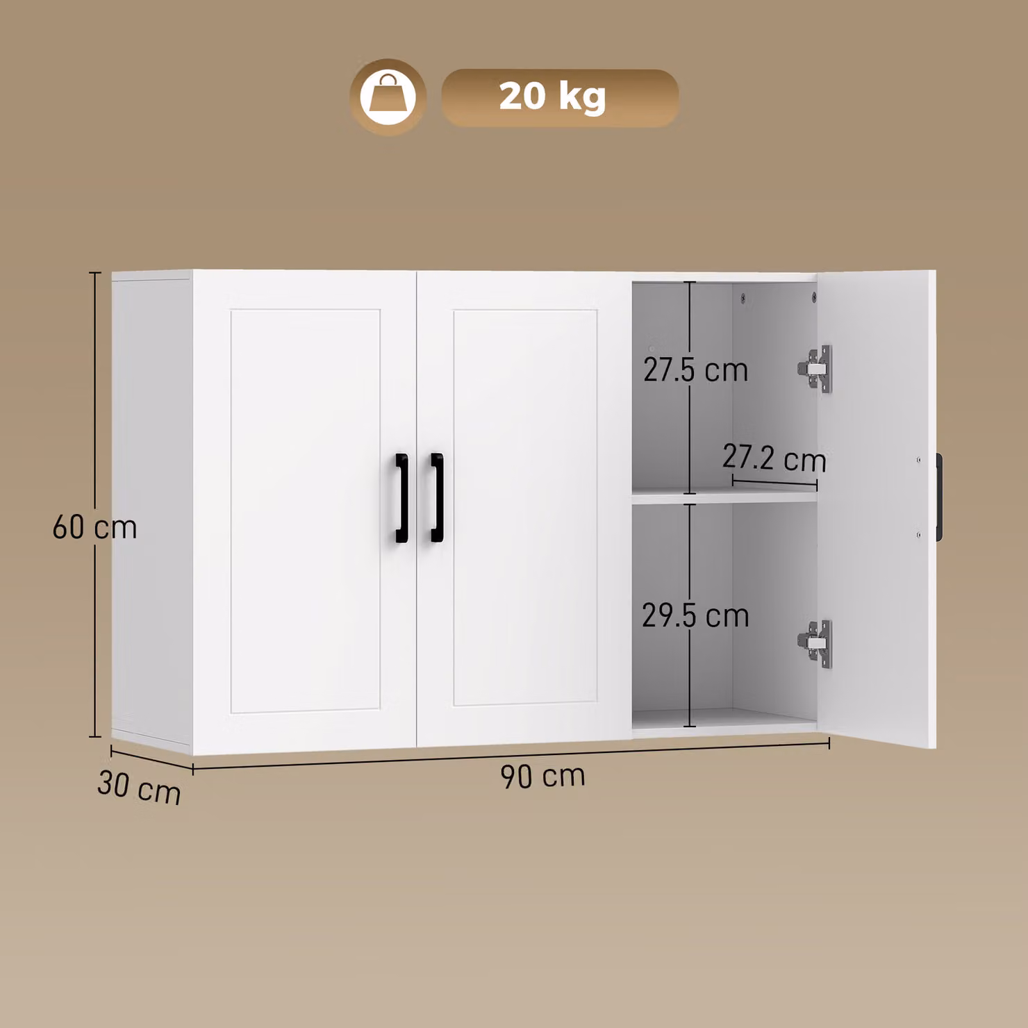 HOMCOM White Wall Mounted Bathroom Cabinet with Soft Close Hinged Doors and Adjustable Internal Shelves, W/D/H: 60 x 30 x 90 cm – 2