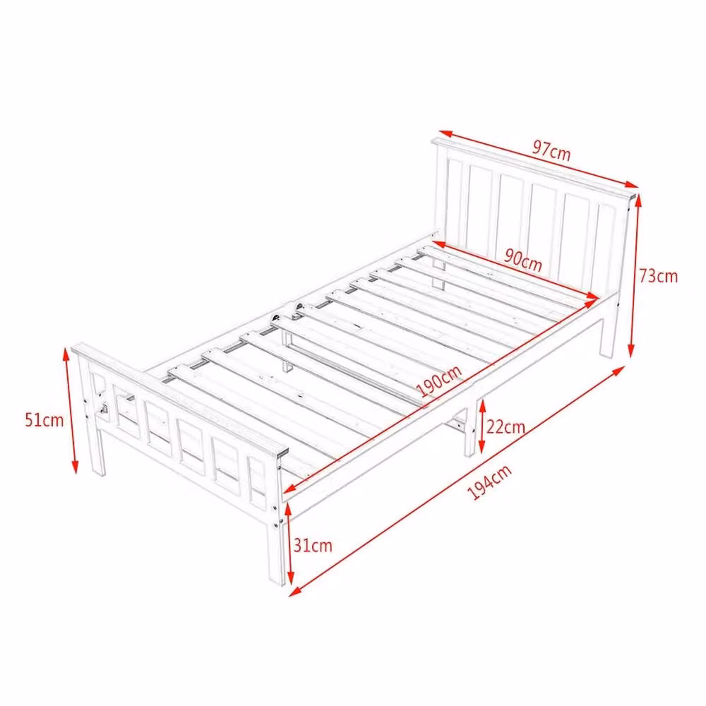 Kelvenix Single Modern Solid Pine Wooden Bed Frame in White, W/D/H: 90 x 190 x 73 cm – 2