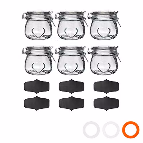 Nicola Spring Heart Shaped Glass Storage Jars with Airtight Clip Lids and Chalkboard Labels, 500ml, Pack of 6, Transparent