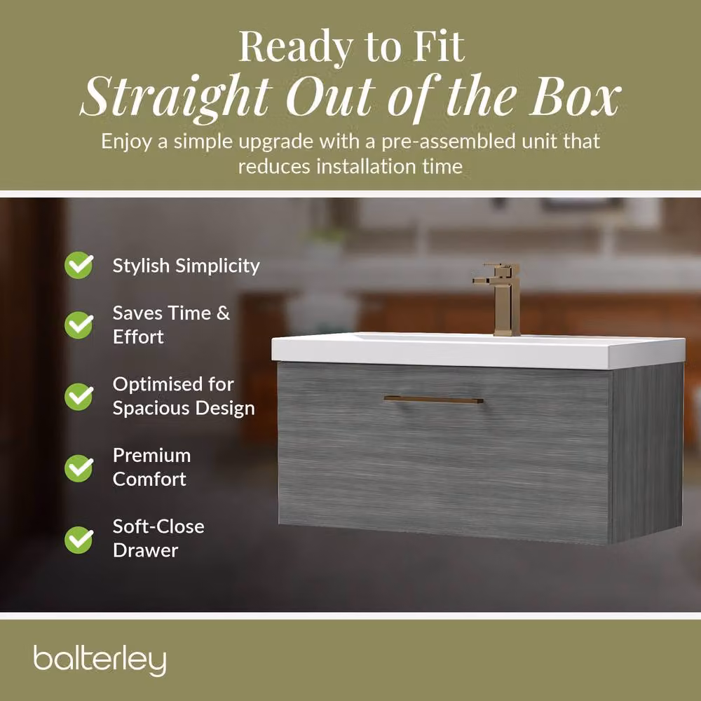 Balterley 800mm Wall Hung 1 Drawer Vanity in Woodgrain Anthracite with Bronze Handle and Grey Finish – 4