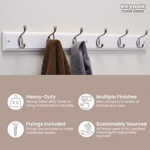 Keypak White Wooden Wall Mounted Coat Rack with 6 Satin Nickel Hooks – 2