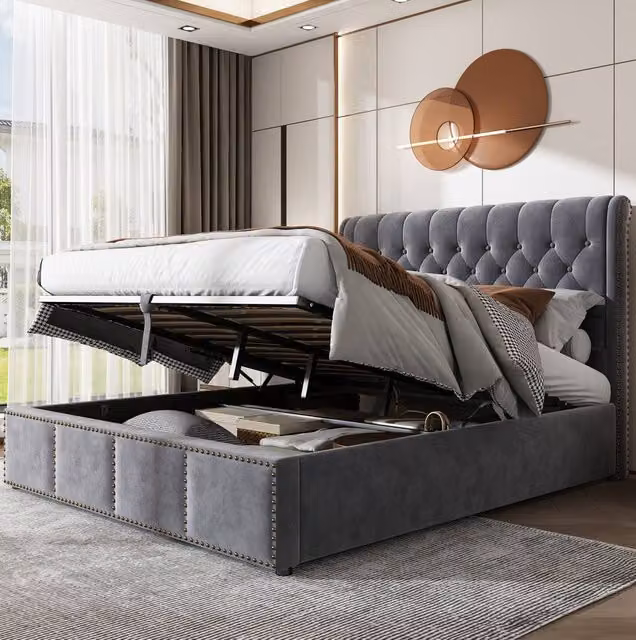 STILVORA Grey Velvet Upholstered Double Bed with Lift Up Storage Base, W/D/H: 140 x 200 cm