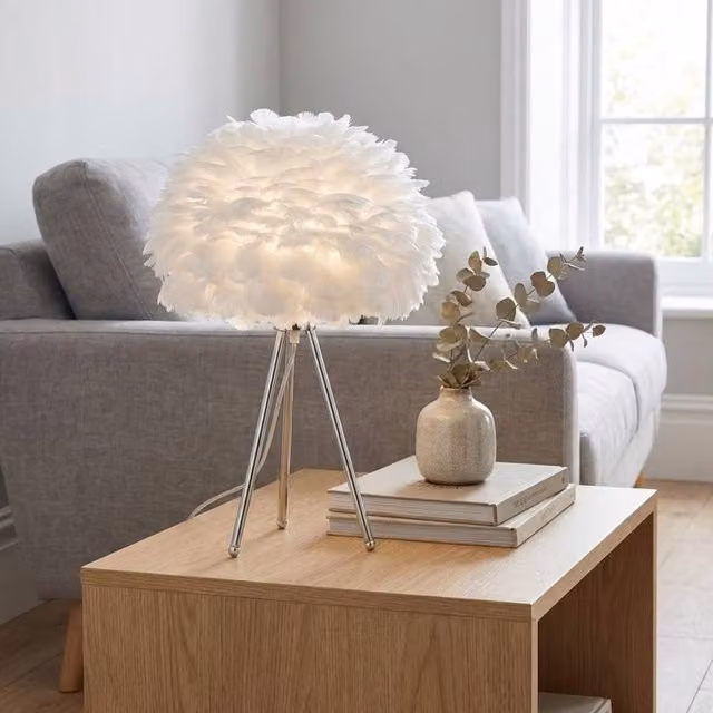 Garden Greatness Chrome Tripod Feather Shade Lamp in Silver and White
