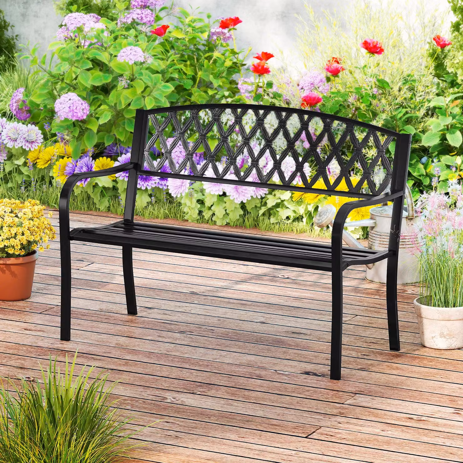 Gymax Heavy-Duty Metal 2-Seater Garden Bench in Matt Black – 6