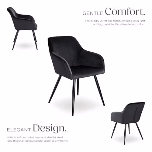 tectake Set of 4 Marilyn Dining Chairs in Black Velvet Look with Armrests and Metal Legs – 4