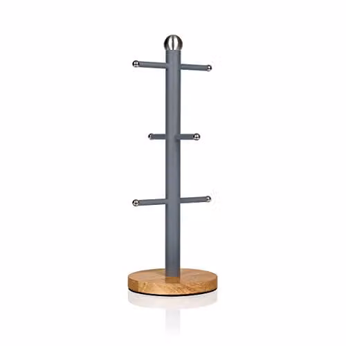 Swan Nordic Scandi Mug Tree with Anti-slip Bamboo Base and Metal Stand, Grey, H 15 cm x W 15 cm x D 38 cm