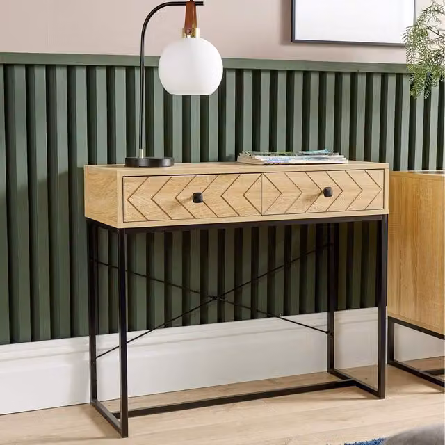 Home Source Aztec 2 Drawer Console Table Hallway Storage Unit in Brown Oak