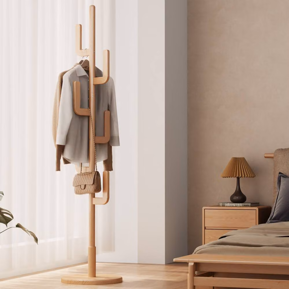 YQJJGL Freestanding Solid Wood Coat Tree with Hooks in Natural Brown – 4