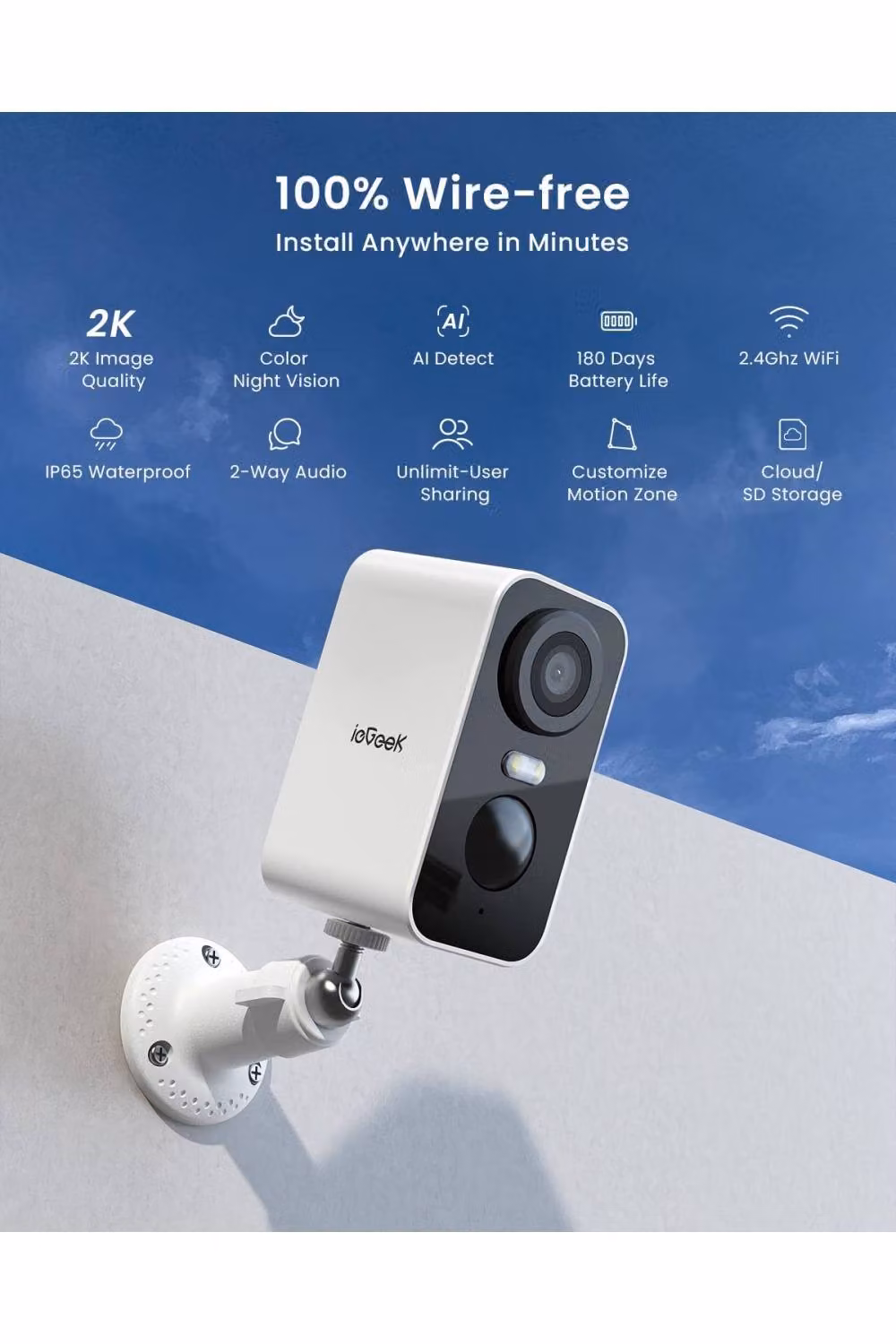 ieGeek White 2K Wireless Security Camera with Night Vision, Motion Detection and Siren – 2