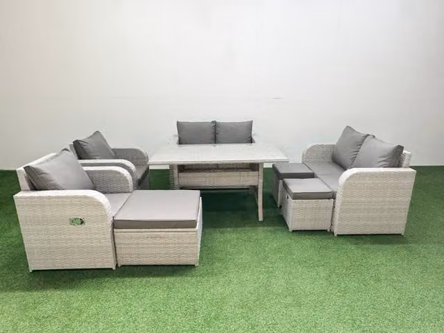 Fimous 9 Seater Rattan Garden Furniture Set with Reclining Love Sofa, Rectangular Dining Table and 3 Stools, Light Grey