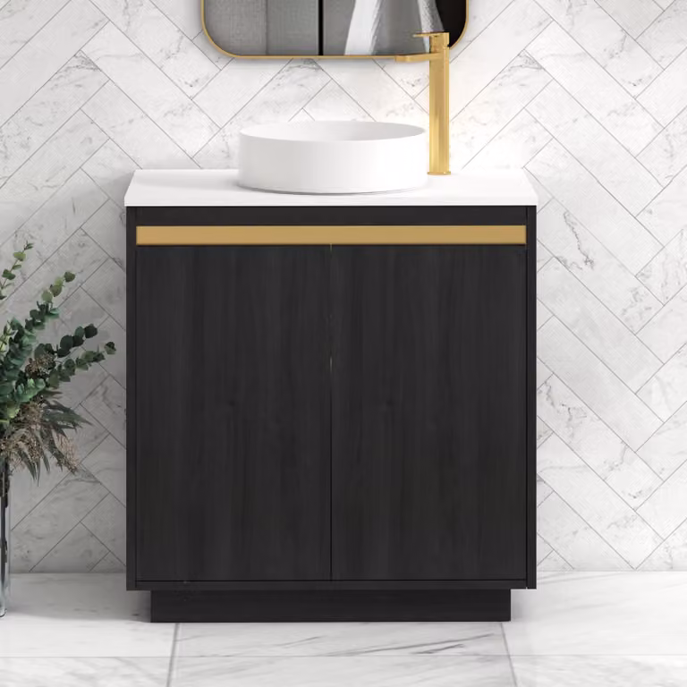 Royal Bathrooms Orion 800mm Hale Black and White Floor Standing 2 Door Vanity Unit with Art Basin and Brushed Brass Accent Trim