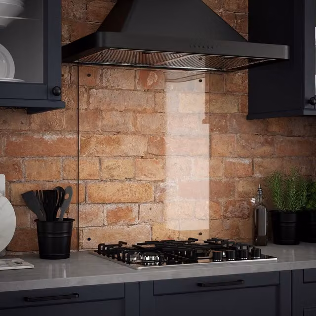 Generic Clear Glass Kitchen Splashback with Matt Black Fixing Caps, W: 60.0 cm, H: 75.0 cm