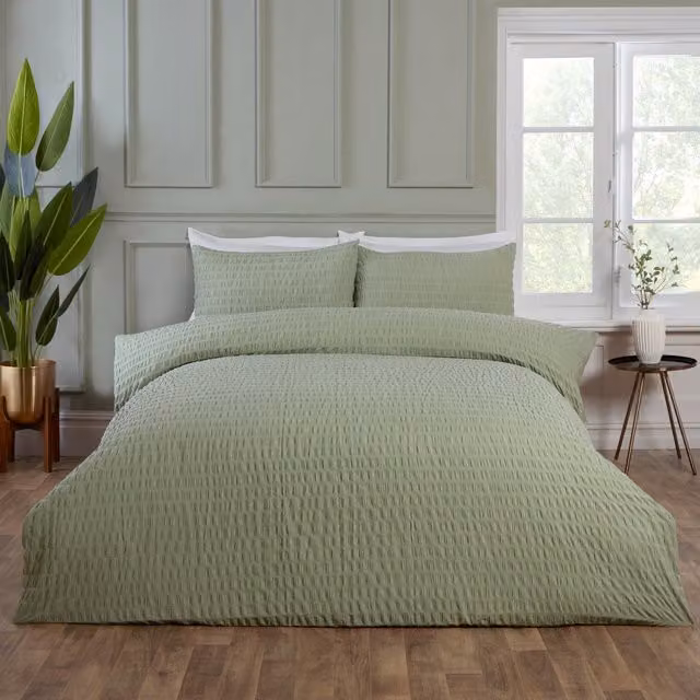 Rapport Home Green Seersucker Polycotton Duvet Cover and Pillowcase Set, Double, W: 140 cm x L: 200 cm
