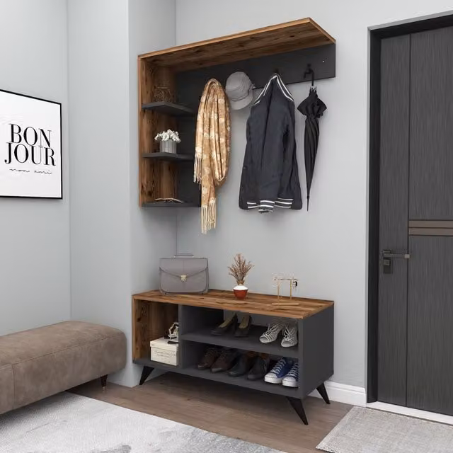 Destina Home Cassia Hallway Coat Rack and Shoe Storage Hall Tree with Bench in Dark Brown – 1