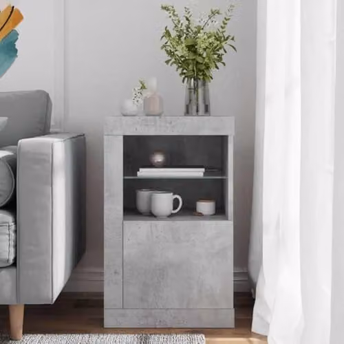 vidaXL Modern Side Cabinet with LED Lights in Concrete Grey and Multicolour Engineered Wood and Glass, W/D/H: 67 x 41 x 37 cm – 1