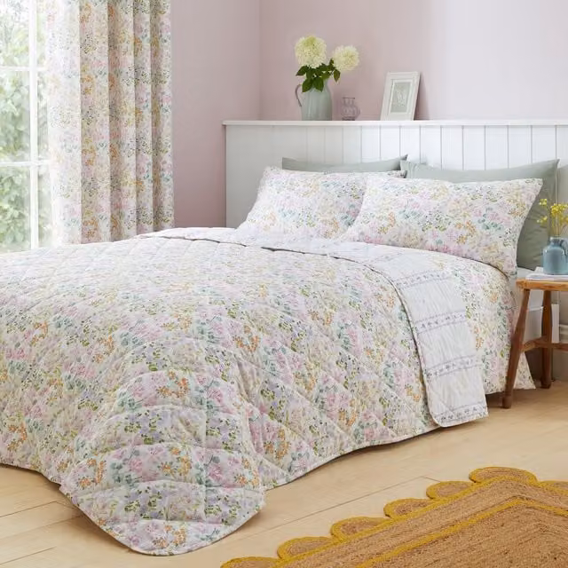 Dreams & Drapes Edith Floral Quilted Cotton Bedspread in Purple and Multicolour, W: 200 cm x L: 230 cm