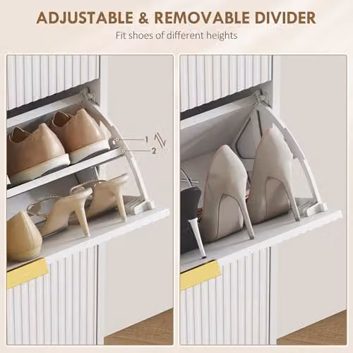 HOMCOM Modern Narrow Shoe Cabinet with 3 Tilting Drawers and Internal Shelves, White and Gold, H 122.5 x W 60.0 x D 24.0 cm – 3