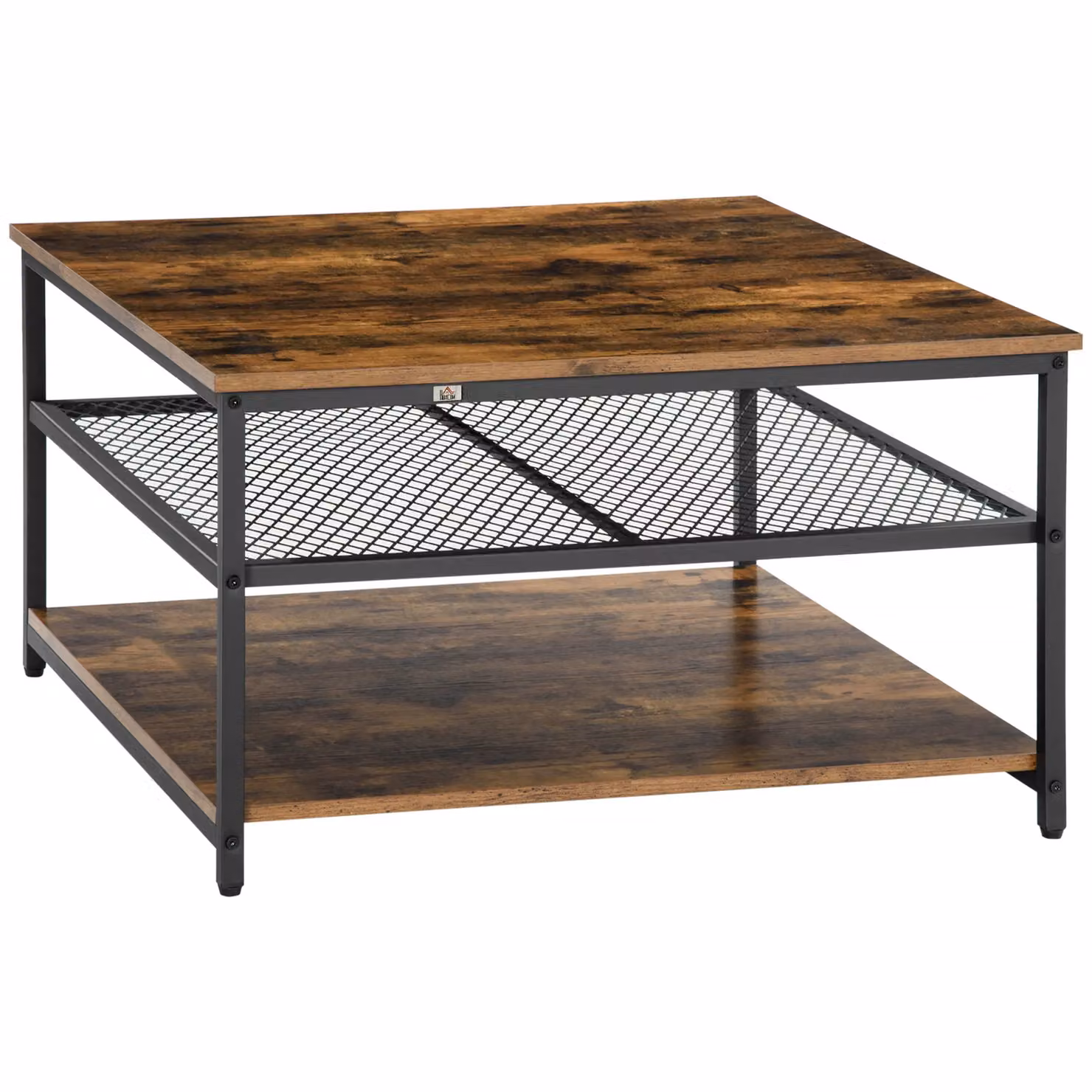 HOMCOM Industrial Coffee Table with 3-Tier Storage Shelves in Brown – 2