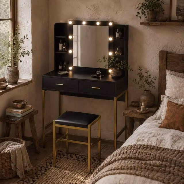 Wyld Haus Taso Kana Black Dressing Table and Stool Set with Illuminated LED Mirror – 1