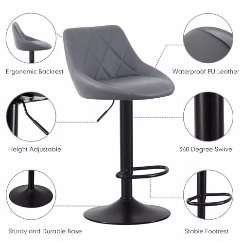mcc direct Stanley Set of 2 Grey Faux Leather Swivel Bar Stools with Backrest and Metal Base – 4