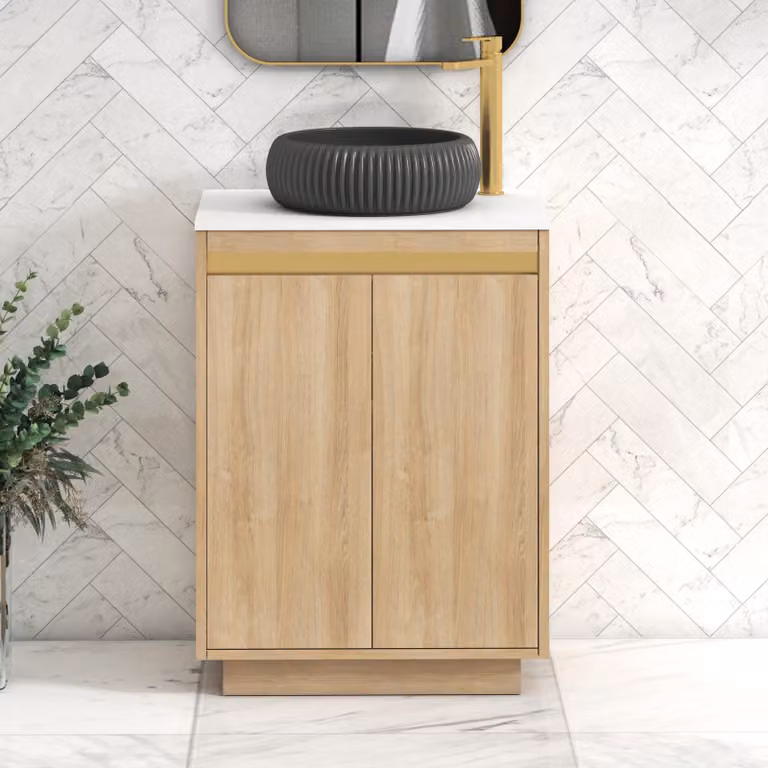 Royal Bathrooms Orion 600mm Natural Oak Floor Standing 2 Door Vanity Unit with Milan Black Basin and Brushed Brass Accent Trim