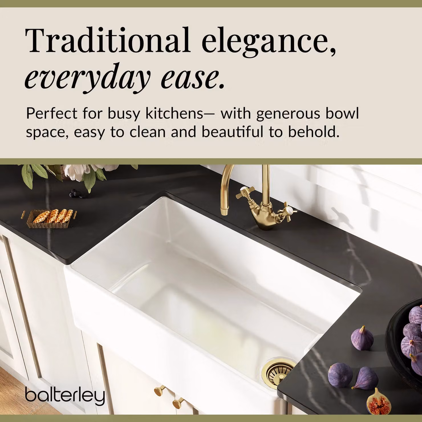 Balterley White Ceramic Single Bowl Belfast Kitchen Sink with Weir Overflow, Mono Crosshead Mixer Tap and Pop Up Waste in Brushed Brass, W: 795 mm – 2