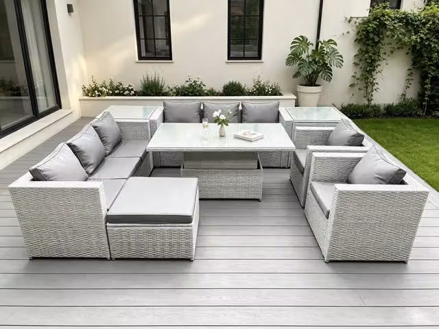 Fimous Rattan Garden Furniture Set with Height Adjustable Lifting Table and Lounge Chairs in Light Grey
