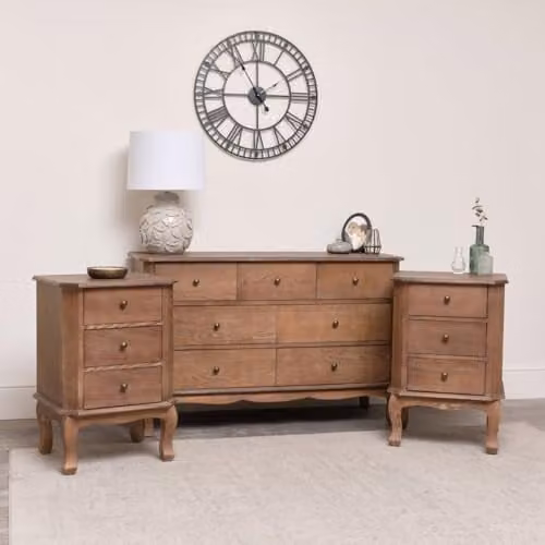 Melody Maison Ashwell 7 Drawer Chest of Drawers and Pair of 3 Drawer Bedside Tables in Brown Wood