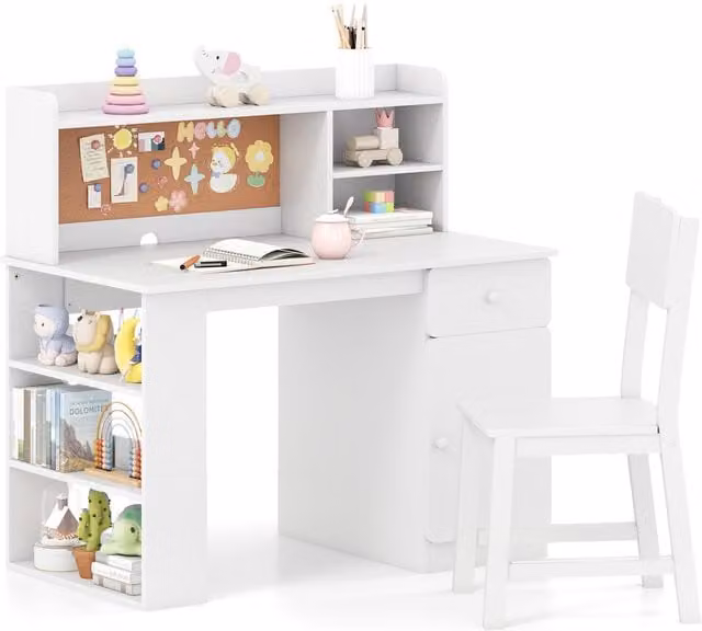 Costway Modern White Kids Study Set with Desk, Chair, Shelf, Drawer Pedestal and Cabinet