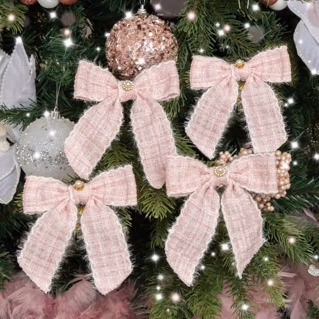Melody Maison Set of 4 Pink and White Tartan Boucle Jewelled Christmas Bow Hanging Decorations