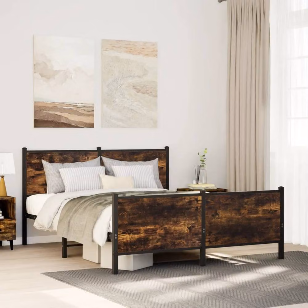 Berkfield Home Metal and Oak Bed Frame in Brown, W/D/H: 190 x 140 x 91.5 cm – 2