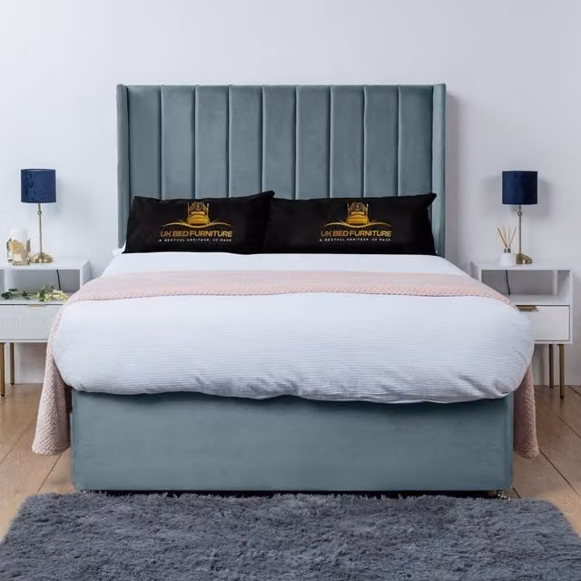 UK Bed Furniture Bella Wingback Divan Bed Base with 54 Inch Headboard in Light Blue, King Size, W/D/H: 180 x 200 cm
