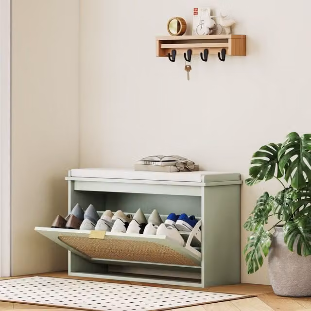 HOMCOM Boho Shoe Bench with Padded Fabric Seat and Rattan Flip-Drawer in Green