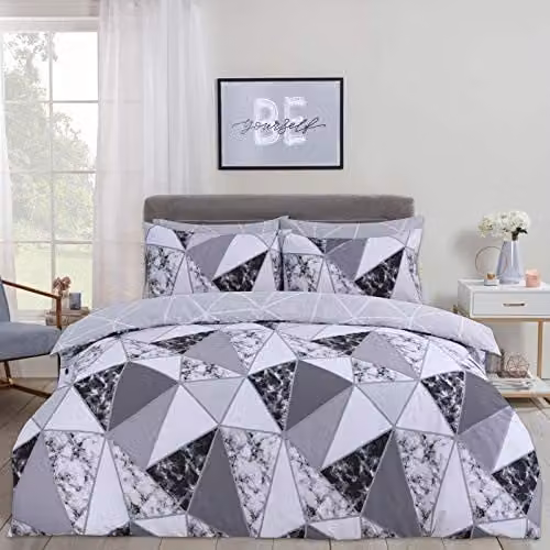 Dreamscene Marble Geometric Reversible Duvet Cover and Pillowcase Bedding Set, Grey and White, W/D/H: 140 x 200 cm, Pillowcase: 48 x 74 cm