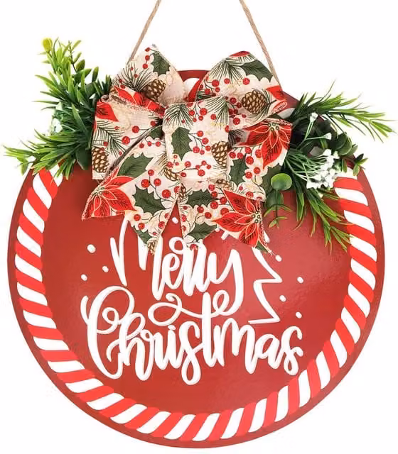 Neel Blue Round Christmas Wall Hanging Sign with Floral Design in Red and White, Diameter: 29.5 cm – 1