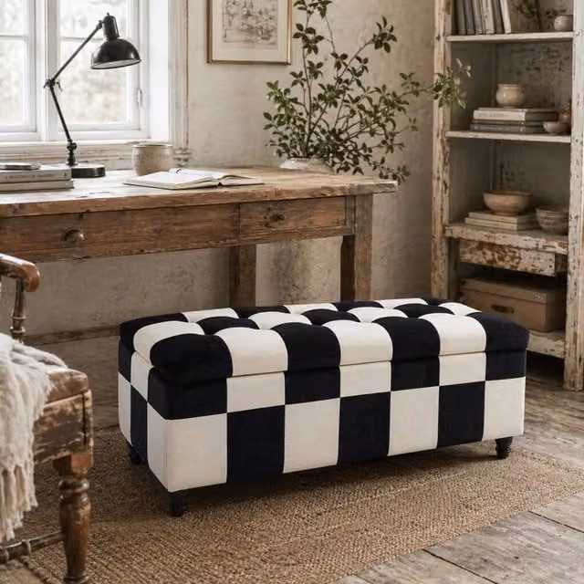 Wyld Haus Tava Velvet Storage Bench in Black and White with Wooden Legs – 1