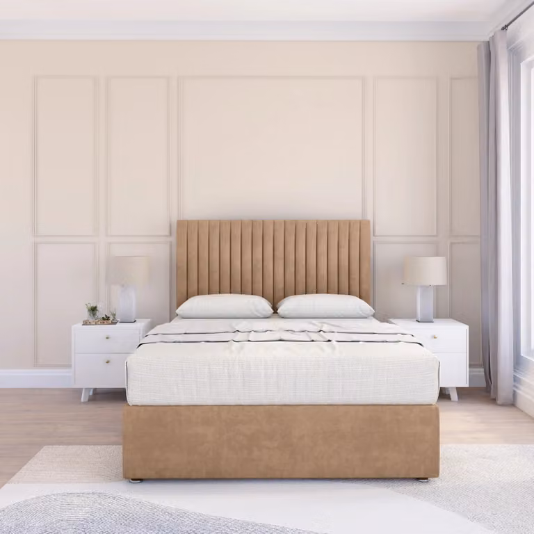 Sloomy Manhattan Single Divan Bed Base with 54 inch Floor Standing Headboard in Light Beige Fabric