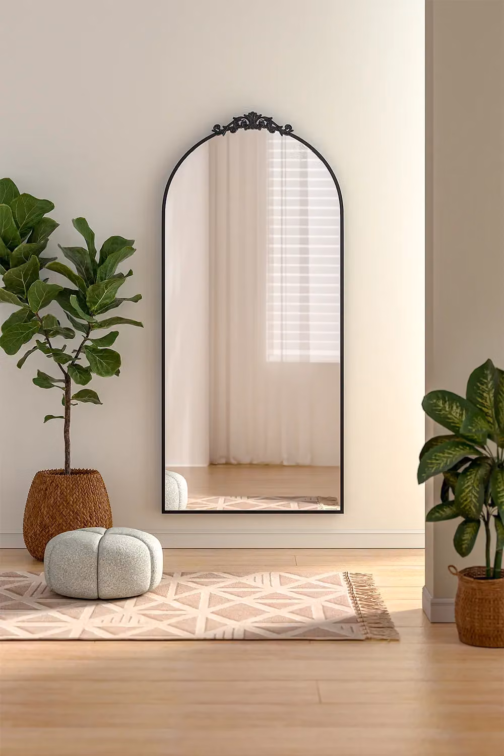 Living and Home Rococo Black Metal Arch Full-Length Wall Mirror with Scroll and Acanthus Leaf Carvings, W: 80 cm, H: 180 cm – 2