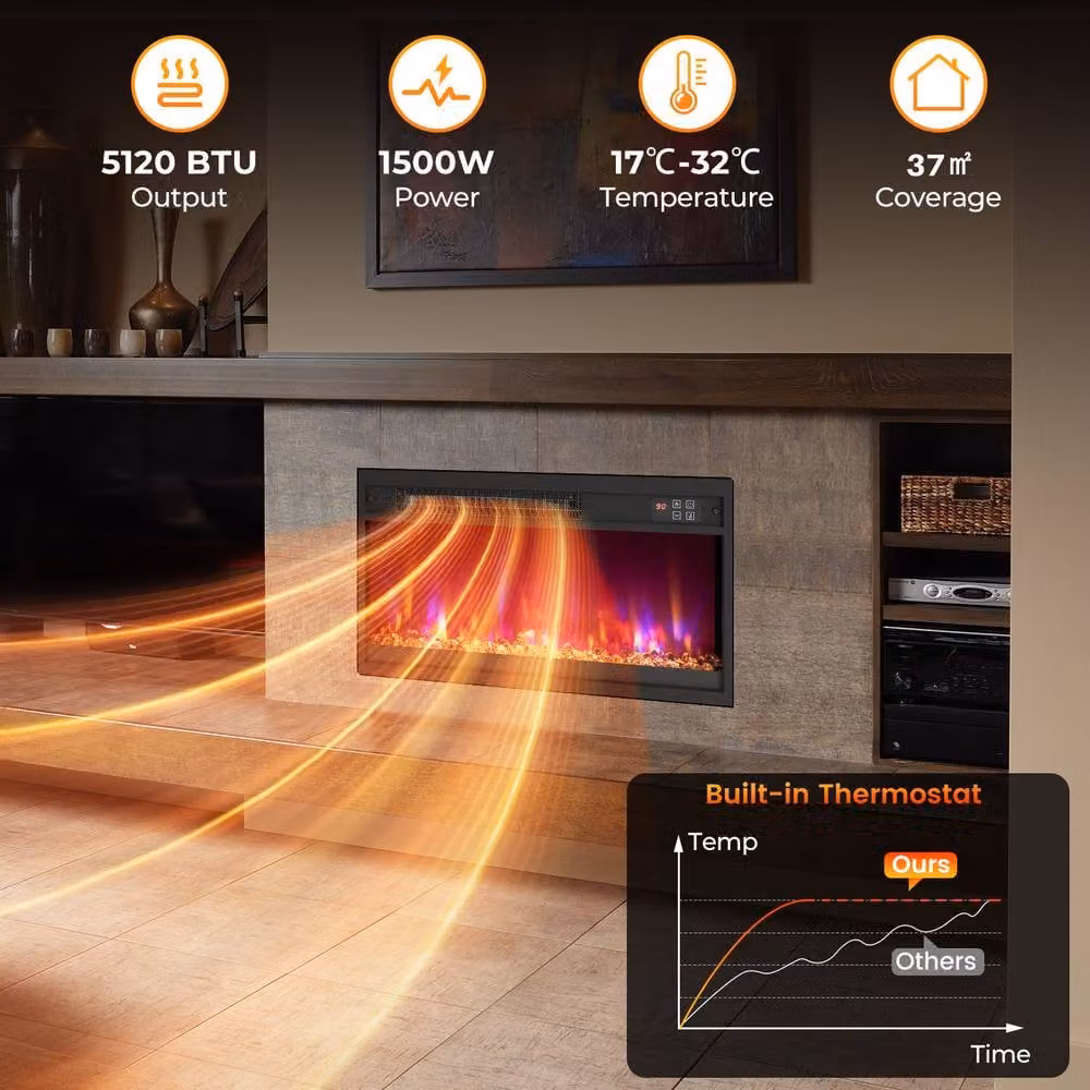 Costway 23 inch Recessed Electric Fireplace Insert 1500W Heater with Remote and Timer in Black – 4