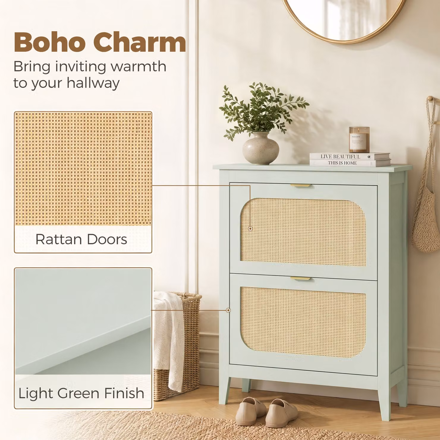 HOMCOM Boho Slim Shoe Storage Cabinet in Light Green, featuring 2 Rattan Flip Drawers for 14 Pairs of Shoes – 2